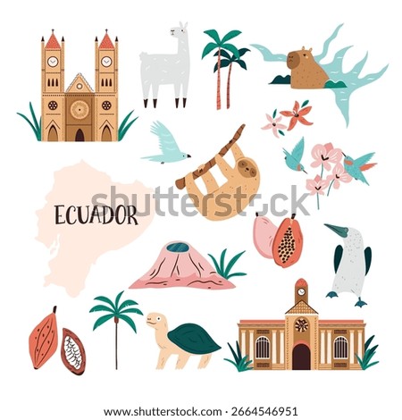 Ecuador Icon Set with Cute Animals, Famous Plants, Culture and Landmarks in Flat Cartoon Style. Vector Illustration, Design