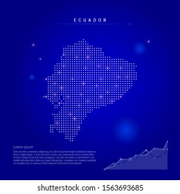 Ecuador illuminated map with glowing dots. Infographics elements. Dark blue space background. Vector illustration. Growing chart, lorem ipsum text.