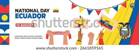 ecuador Independence Day design, August 10th celebration with people raising their hands and maps enthusiastically