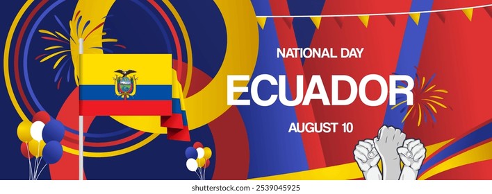 Ecuador independence day festive banner. Vibrant modern templates for holiday celebration, greeting card, billboard, and sport event backdrops. August 10th. Happy national day of Ecuador