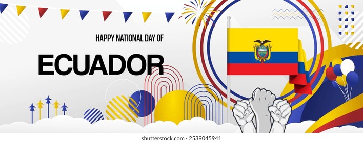 Ecuador independence day festive banner. Vibrant modern templates for holiday celebration, greeting card, billboard, and sport event backdrops. August 10th. Happy national day of Ecuador