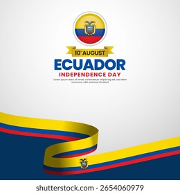 Ecuador independence day greeting card, square banner background with warving ribbon flag
