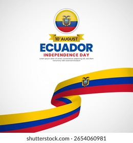 Ecuador independence day greeting card, square banner background with warving ribbon flag