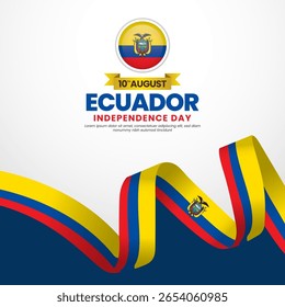 Ecuador independence day greeting card, square banner background with warving ribbon flag