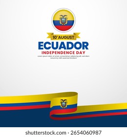 Ecuador independence day greeting card, square banner background with warving ribbon flag