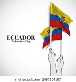 Día de la Independencia de Ecuador. Manos con banderas. Ilustración vectorial.
