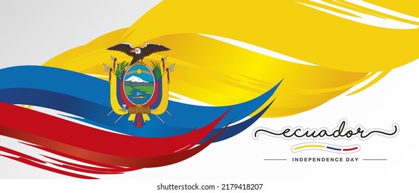 Ecuador Independence day, handwritten lettering calligraphy, abstract flag of Ecuador white background banner