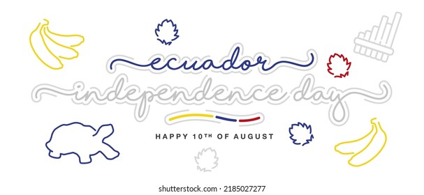 Ecuador independence day handwritten lettering typography calligraphy with abstract Ecuador flag ribbon and symbols tortoise, rondador, bananas, flowers isolated on white background