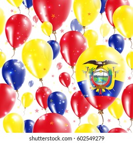 Ecuador Independence Day Seamless Pattern. Flying Rubber Balloons in Colors of the Ecuadorean Flag. Happy Ecuador Day Patriotic Card with Balloons, Stars and Sparkles.