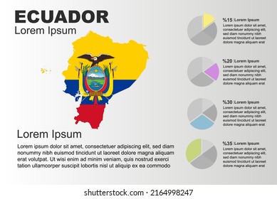 Ecuador infographic general use vector template with pie chart, copy space statistics idea, Ecuador country flag map with graphic, presentation idea, blank area graph for data, grey background