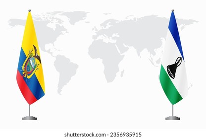 Ecuador and Lesotho flags for official meeting against background of world map.