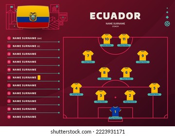 ecuador line-up world Football 2022 qatar, cup tournament final stage vector illustration. Country team lineup table and Team Formation on Football Field. soccer tournament Vector country flags.