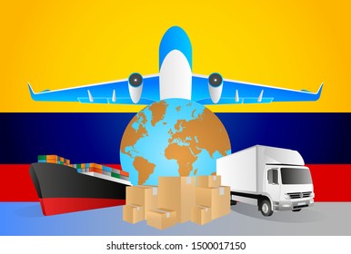 Ecuador logistics concept illustration. National flag of Ecuador from the back of globe, airplane, truck and cargo container ship