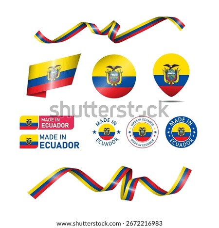 Ecuador made in logo. Set of design flags label icon, stripes, ribbons