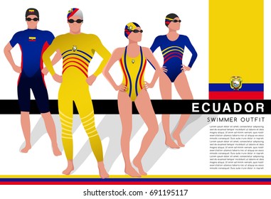 Ecuador : Male and Female Swimmers : Swimmers in National Swimsuits : Vector Illustration