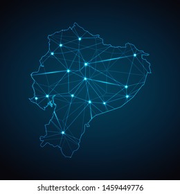 Ecuador Map - Abstract geometric mesh polygonal network line, structure and point scales on dark background with lights in the form of cities. Vector illustration eps 10.