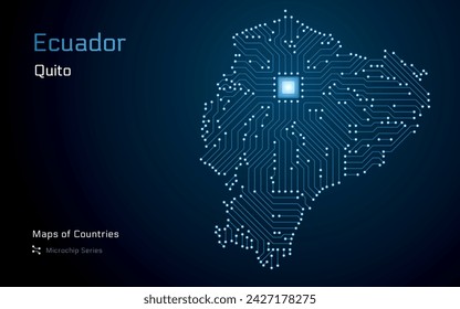 Ecuador Map with a capital of Quito Shown in a Microchip Pattern with processor. E-government. World Countries vector maps. Microchip Series	