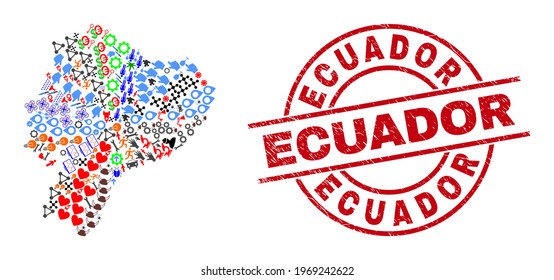 Ecuador map collage and rubber Ecuador red round stamp imitation. Ecuador stamp uses vector lines and arcs. Ecuador map collage includes helmets, houses, wrenches, suns, wine glasses,