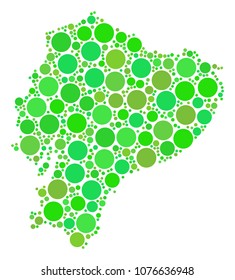 Ecuador Map collage of scattered filled circles in different sizes and fresh green color tints. Vector spheric items are composed into ecuador map illustration. Eco geographic map vector illustration.