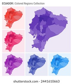 Ecuador map collection. Country shape with colored regions. Deep purple, red, pink, purple, indigo, blue color palettes. Border of Ecuador with provinces for your infographic. Vector illustration.