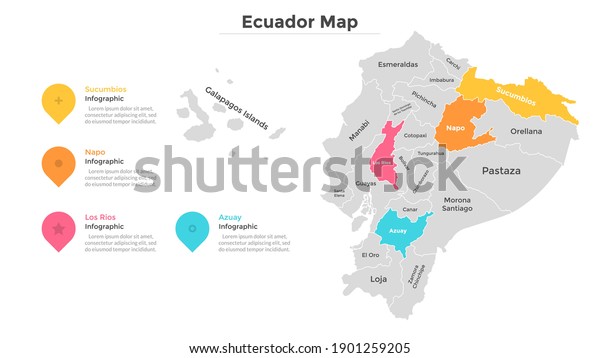 Ecuador map divided into federal states.\
Territory of country with regional borders. Ecuadorian\
administrative division. Infographic design template. Vector\
illustration for touristic guide,\
banner.