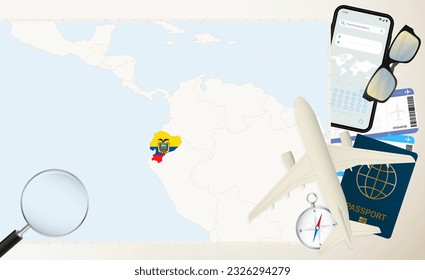 Ecuador map and flag, cargo plane on the detailed map of Ecuador with flag, passport, magnifying glass and airplane. Vector template.