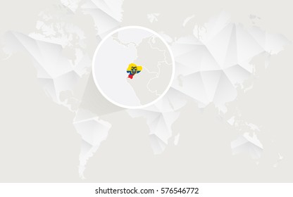 Ecuador map with flag in contour on white polygonal World Map. Vector Illustration