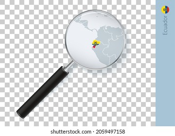 Ecuador Karte mit Fahne in Lupe auf transparentem Hintergrund. Vektorgrafik mit Karte.
