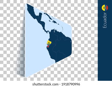 Ecuador map and flag on transparent background. Highlighted Ecuador on blue vector map.
