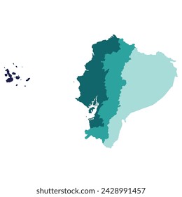 Ecuador map. Map of Ecuador in four main regions in multicolor