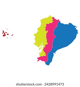 Ecuador map. Map of Ecuador in four main regions in multicolor