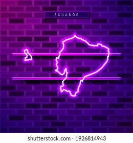 Ecuador map glowing neon lamp sign. Realistic vector illustration. Country name plate. Purple brick wall, violet glow, metal holders.
