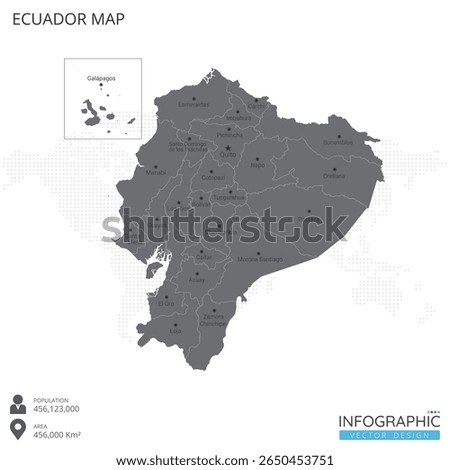 Ecuador map high detailed with regions and cities of the country on white background. Vector illustration EPS10.