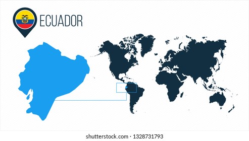 Ecuador map located on a world map with flag and map pointer or pin. Infographic map. Vector illustration isolated on white background.