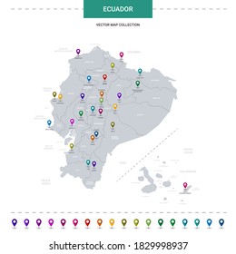 Ecuador map with location pointer marks. Infographic vector template, isolated on white background. 