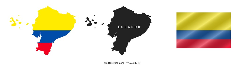Ecuador. Mapa con bandera enmascarada. Silhouette detallada. Bandera ondeando. Ilustración vectorial aislada en blanco.
