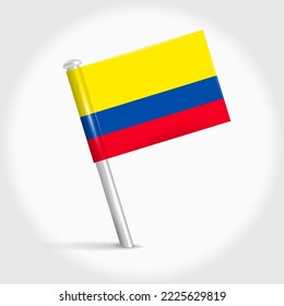 Ecuador map pin flag icon. Ecuadorian pennant map marker on a metal needle. 3D realistic vector illustration.