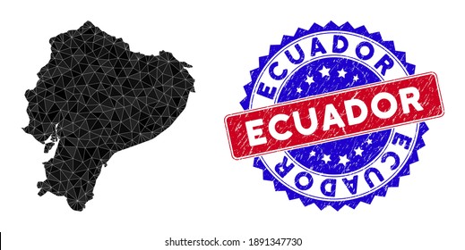 Ecuador mapea malla poligonal con triángulos rellenos y sello bicolor rasado. Mapa del Ecuador de mosaico triangular con modelo vectorial triangular, triángulos con tamaños y posiciones variables,