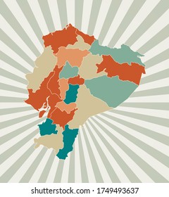 Mapa de Ecuador. Afiche con mapa del país en paleta de color retro. Forma de Ecuador con fondo de rayos solares. Ilustración vectorial.