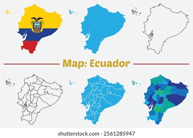 Ecuador Map Set. Ecuador High detailed Blue map, stroke map, flag color map.