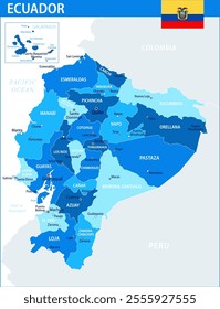 Ecuador Map Vector Blue Spot - Customizable layered political map of Ecuador with administrative divisions for website, education, reports, news, politics, print, poster and wallpaper