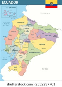 Ecuador Map Vector New 2024 Colorful - Customizable layered political map of Ecuador with administrative divisions for website, education, reports, news, politics, print, poster and wallpaper