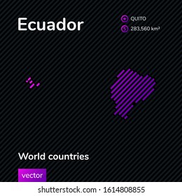 Ecuador map. Vector stylized flat map of Ecuador, in trend black and violet colors on striped background