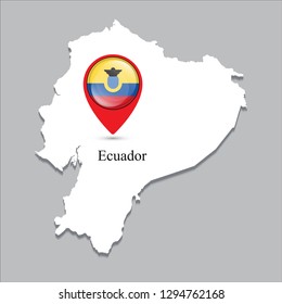 Ecuador map with white shadow and country name on the map. Check-in point with a national flag on a gray background.