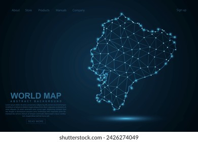 Mapa de Ecuador - Mapa del Mundo línea de masa y escalas de puntos sobre fondo azul de la tecnología. Línea de red poligonal de malla 3D de marco de alambre, esfera de diseño, punto y estructura - Ilustración vectorial eps 10