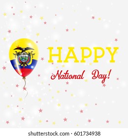 Ecuador National Day patriotic poster. Flying Rubber Balloon in Colors of the Ecuadorean Flag. Ecuador National Day background with Balloon, Confetti, Stars, Bokeh and Sparkles.