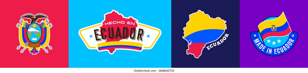 Ecuador national flag and shield, icons set, sticker, made in Ecuador, map, vector illustration, symbol, sign, collection, latin america, silhouette, symbolic, emblem, identity, nation.  