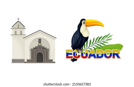 Ecuador national symbols set. Church building and toucan bird vector illustration