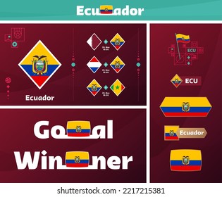 ecuador national team design media kit graphic collection. 2022 world Football cup or Soccer Championship design elements vector set. Banners, Posters, Social Media kit, templates, scoreboard.