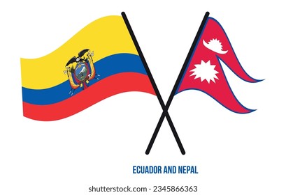 Ecuador and Nepal Flags Crossed And Waving Flat Style. Official Proportion. Correct Colors.